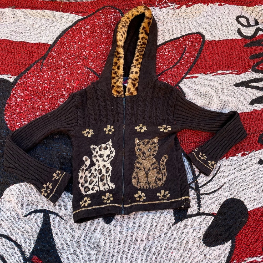 VTG HEARTWORKS BLACK RIBBED LEOPARD CAT GRAHIC ZIP UP SWEATER SIZE 4T